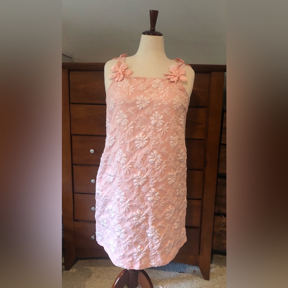 SHEIN Pink Floral Appliqué Shift Dress